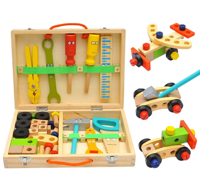 Children's pretend play build fix wood Toolbox Toy, Carpenter Traddie Set For toddlers and kids