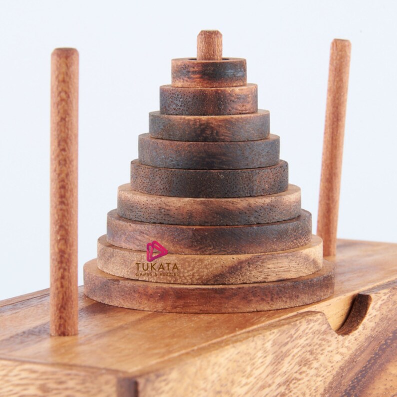 Pagoda 9 ring brain teaser puzzle, wood, handmade 3D puzzle-arrange rings on end column to solve