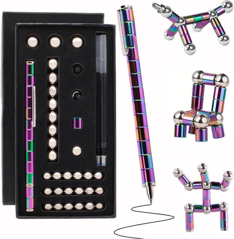 Magnetic Fingertip Pen Building Toy Set - Multifunctional Rainbow Magnet Pen with Creative Building Blocks and Replacement Refills