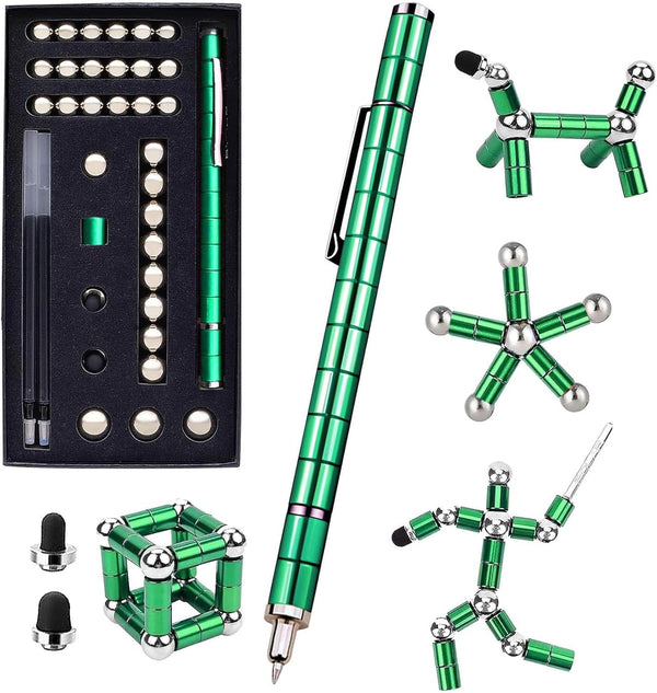 Magnetic Fingertip Pen Building Toy Set - Multifunctional Green Magnet Pen with Creative Building Blocks and Replacement Refills