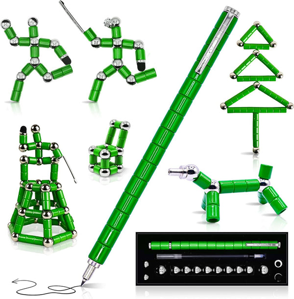 (2 set) Magnetic Fingertip Pen Building Toy Set - Multifunctional Green Magnet Pen with Creative Building Blocks and Replacement Refills